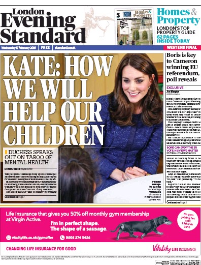 London Evening Standard Newspaper Front Page (UK) for 18 February 2016