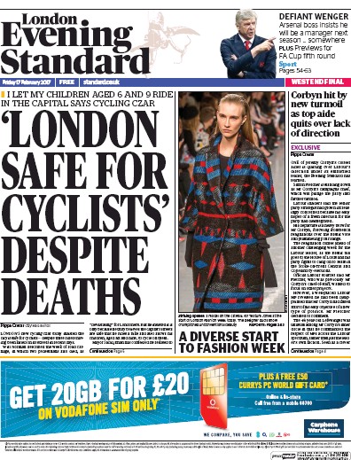 London Evening Standard Newspaper Front Page (UK) for 18 February 2017