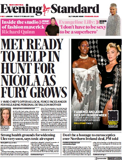 London Evening Standard Newspaper Front Page (UK) for 18 February 2023