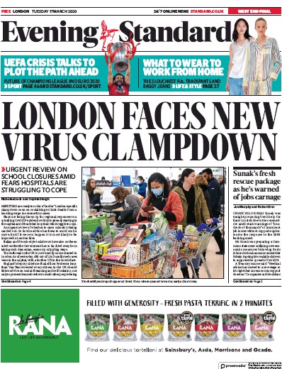 London Evening Standard Newspaper Front Page (UK) for 18 March 2020