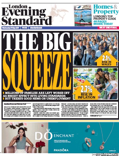 London Evening Standard Newspaper Front Page (UK) for 18 May 2017