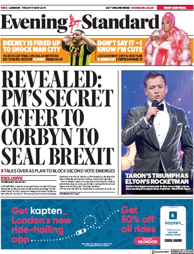 London Evening Standard Newspaper Front Page (UK) for 18 May 2019