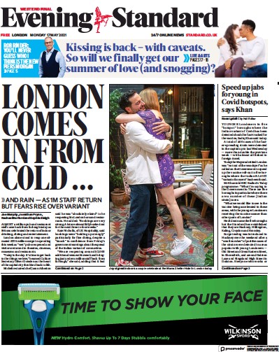 London Evening Standard Newspaper Front Page (UK) for 18 May 2021