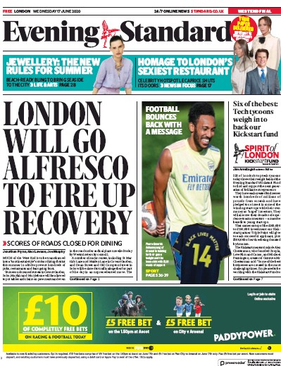 London Evening Standard Newspaper Front Page (UK) for 18 June 2020