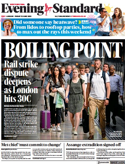 London Evening Standard Newspaper Front Page (UK) for 18 June 2022