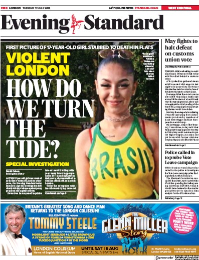 London Evening Standard Newspaper Front Page (UK) for 18 July 2018