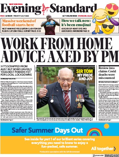 London Evening Standard Newspaper Front Page (UK) for 18 July 2020