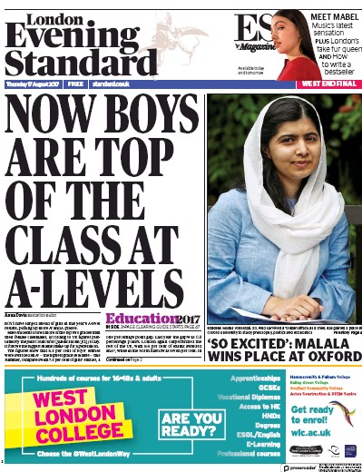 London Evening Standard Newspaper Front Page (UK) for 18 August 2017