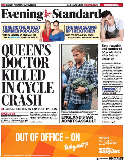 London Evening Standard Newspaper Front Page (UK) for 18 August 2018