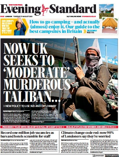 London Evening Standard Newspaper Front Page (UK) for 18 August 2021