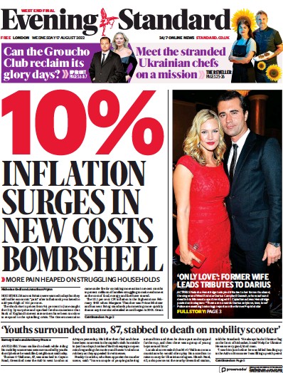 London Evening Standard Newspaper Front Page (UK) for 18 August 2022