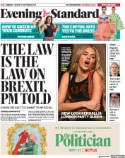 London Evening Standard (UK) Newspaper Front Page for 18 September 2019