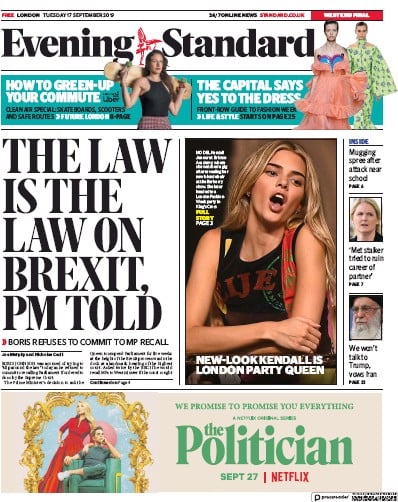 London Evening Standard Newspaper Front Page (UK) for 18 September 2019