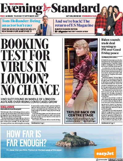 London Evening Standard Newspaper Front Page (UK) for 18 September 2020
