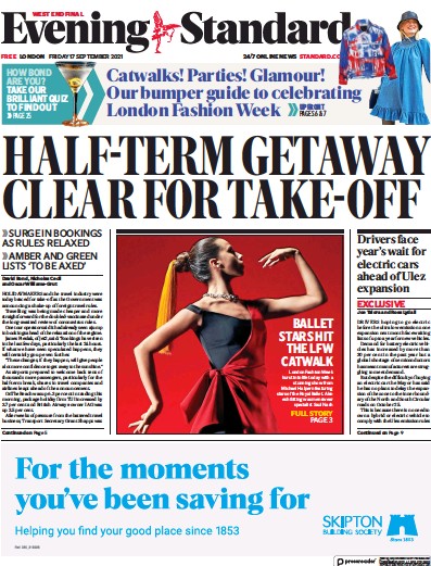 London Evening Standard Newspaper Front Page (UK) for 18 September 2021