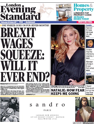London Evening Standard Newspaper Front Page (UK) for 19 October 2017
