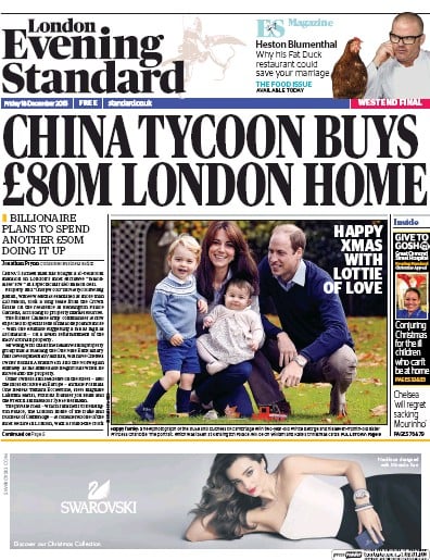 London Evening Standard Newspaper Front Page (UK) for 19 December 2015