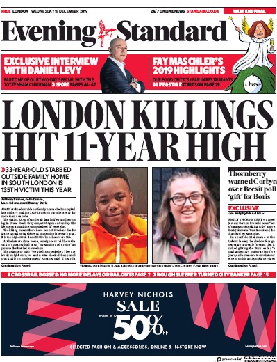 London Evening Standard Newspaper Front Page (UK) for 19 December 2019