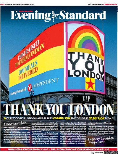 London Evening Standard Newspaper Front Page (UK) for 19 December 2020