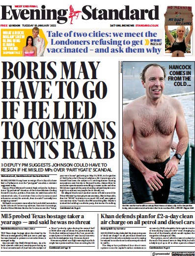 London Evening Standard Newspaper Front Page (UK) for 19 January 2022