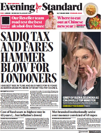 London Evening Standard Newspaper Front Page (UK) for 19 January 2023