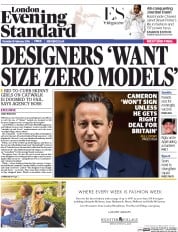 London Evening Standard (UK) Newspaper Front Page for 19 February 2016