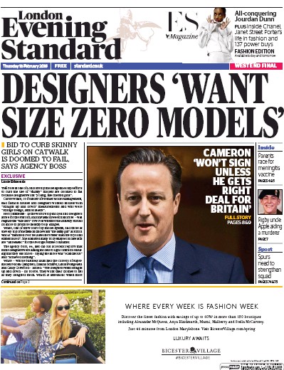 London Evening Standard Newspaper Front Page (UK) for 19 February 2016