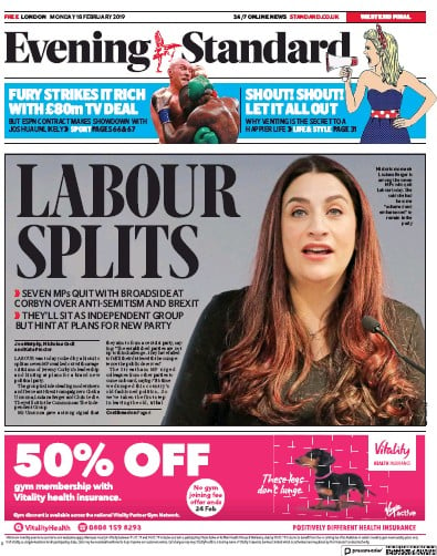London Evening Standard Newspaper Front Page (UK) for 19 February 2019