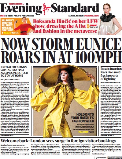 London Evening Standard Newspaper Front Page (UK) for 19 February 2022