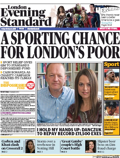 London Evening Standard Newspaper Front Page (UK) for 19 March 2016