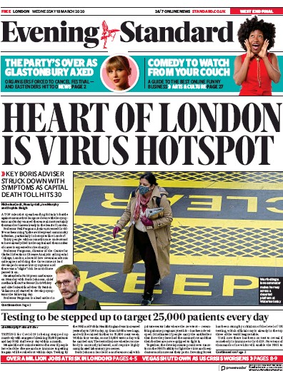 London Evening Standard Newspaper Front Page (UK) for 19 March 2020