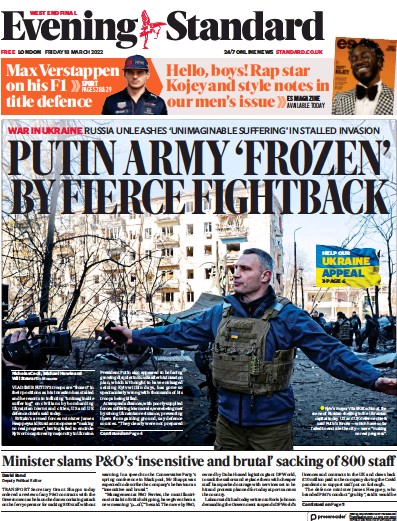 London Evening Standard Newspaper Front Page (UK) for 19 March 2022