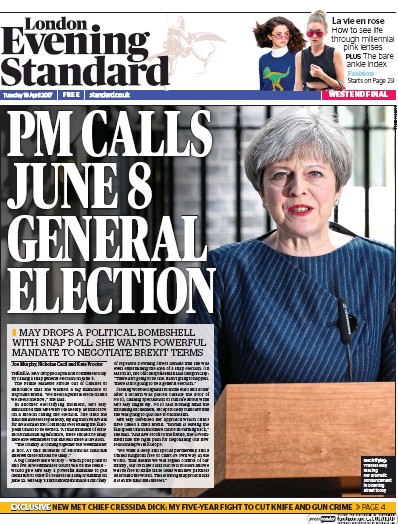 London Evening Standard Newspaper Front Page (UK) for 19 April 2017