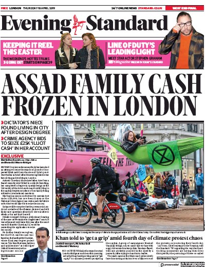 London Evening Standard Newspaper Front Page (UK) for 19 April 2019