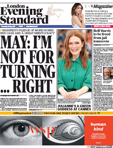 London Evening Standard Newspaper Front Page (UK) for 19 May 2017