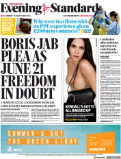 London Evening Standard (UK) Newspaper Front Page for 19 May 2021