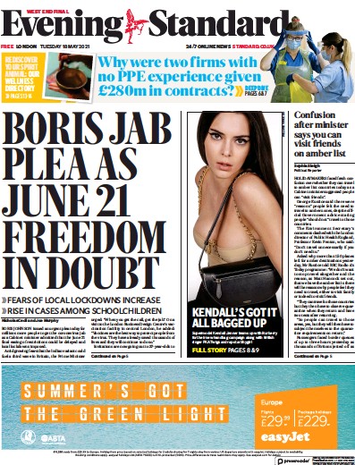 London Evening Standard Newspaper Front Page (UK) for 19 May 2021