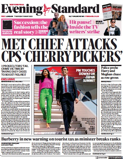 London Evening Standard Newspaper Front Page (UK) for 19 May 2023