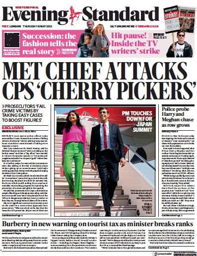 London Evening Standard Newspaper Front Page (UK) for 19 May 2023