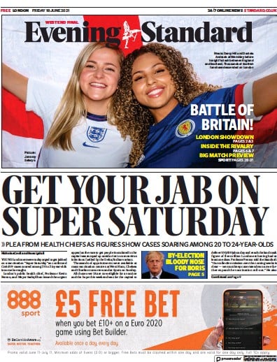 London Evening Standard Newspaper Front Page (UK) for 19 June 2021