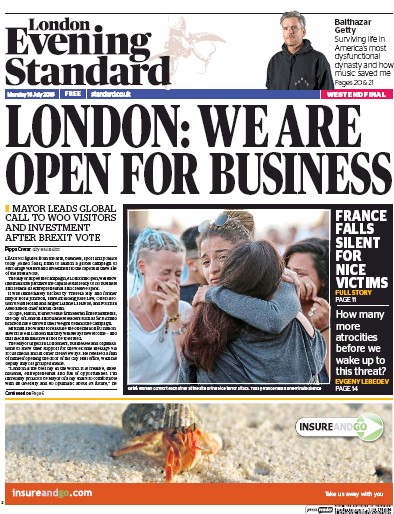 London Evening Standard Newspaper Front Page (UK) for 19 July 2016