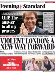 London Evening Standard (UK) Newspaper Front Page for 19 July 2018