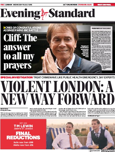 London Evening Standard Newspaper Front Page (UK) for 19 July 2018