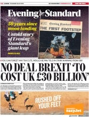 London Evening Standard (UK) Newspaper Front Page for 19 July 2019