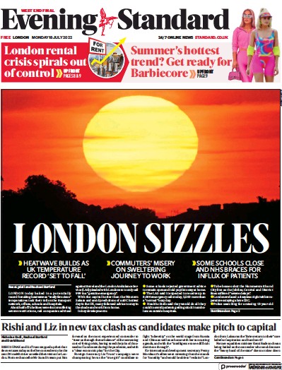 London Evening Standard Newspaper Front Page (UK) for 19 July 2022