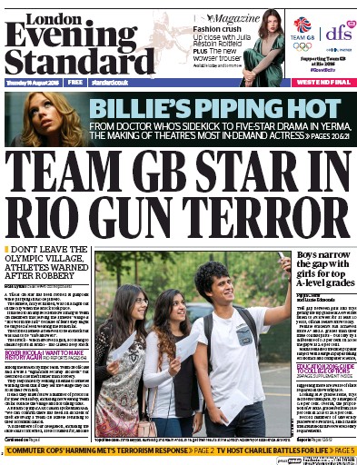 London Evening Standard Newspaper Front Page (UK) for 19 August 2016