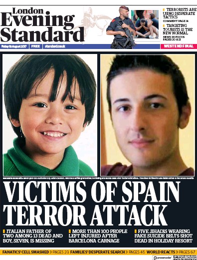 London Evening Standard Newspaper Front Page (UK) for 19 August 2017