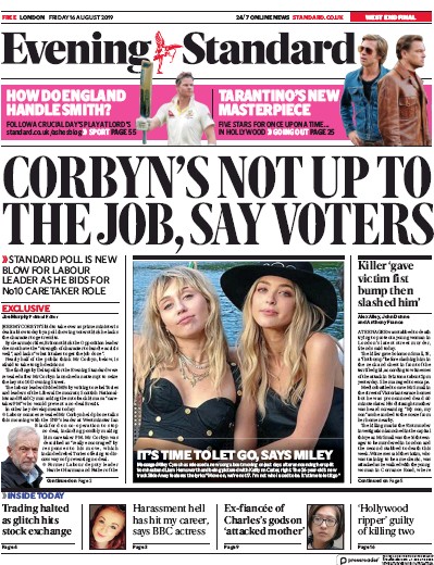 London Evening Standard Newspaper Front Page (UK) for 19 August 2019