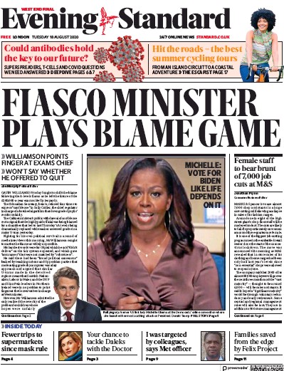 London Evening Standard Newspaper Front Page (UK) for 19 August 2020