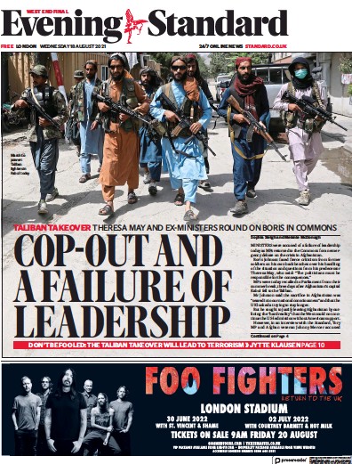 London Evening Standard Newspaper Front Page (UK) for 19 August 2021